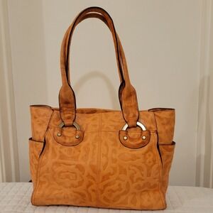 B. Makowsky Ornate Tooled Embossed Leather Tote Shoulder Bag Western Camel Tan